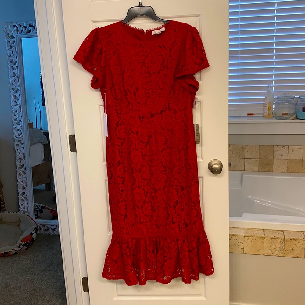 Rachel parcell lace hem ruffle dress. Red